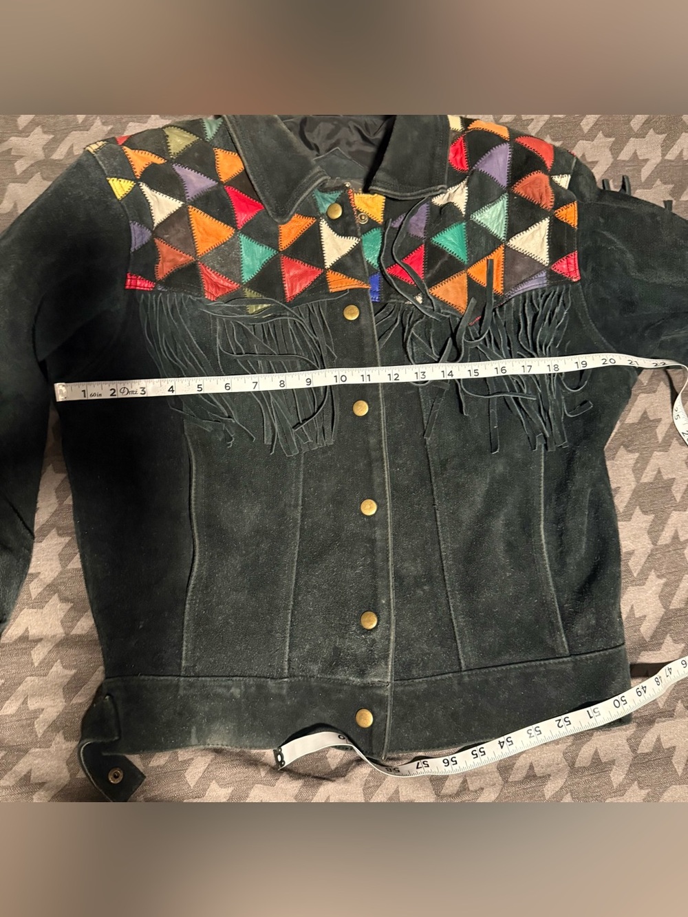 Vintage 90s Black Patchwork Leather Fringe Western Cropped Jacket southwestern - Picture 4 of 7